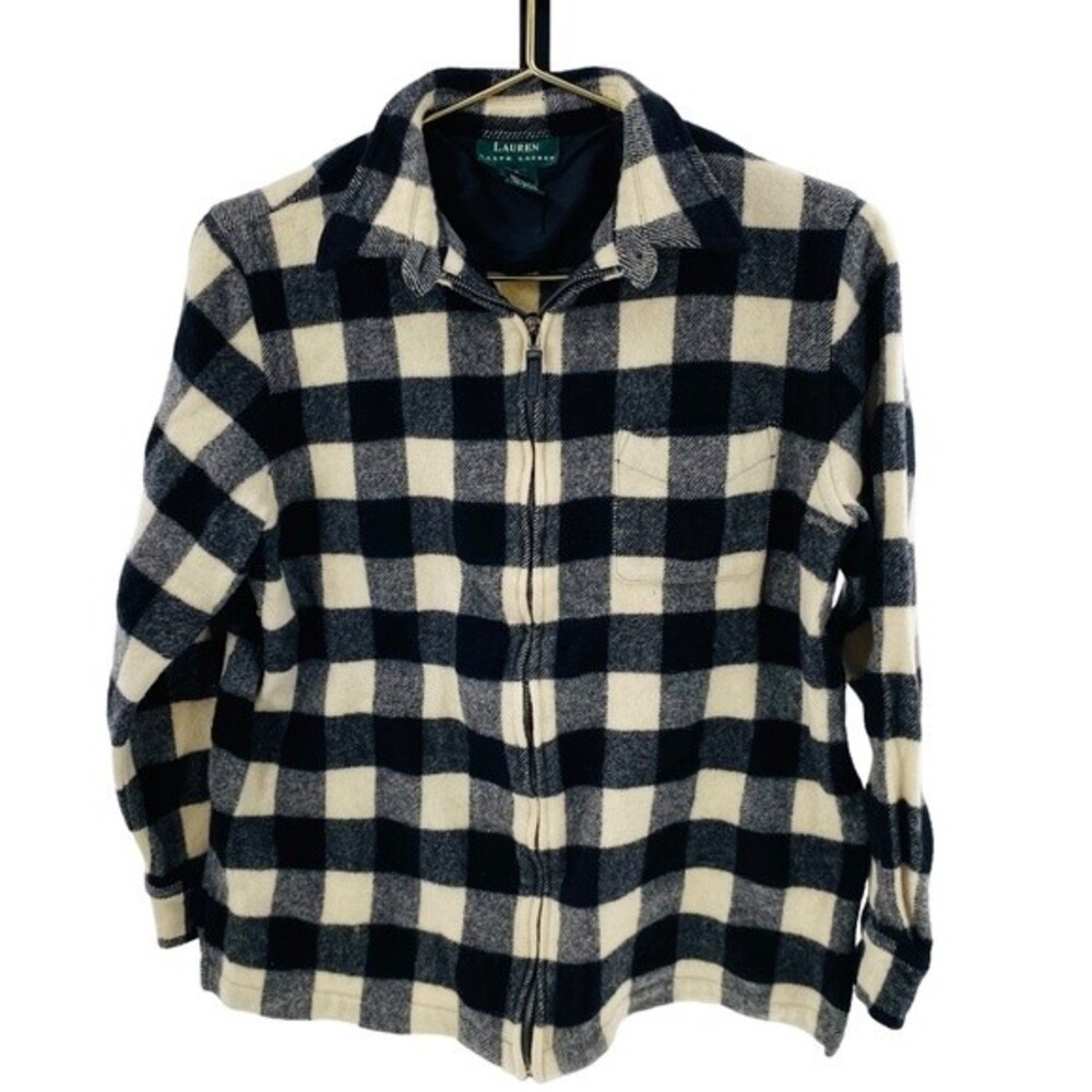 Ralph Lauren Womens L Buffalo‎ Plaid Shacket Black and Ivory Full Zip 100% Wool